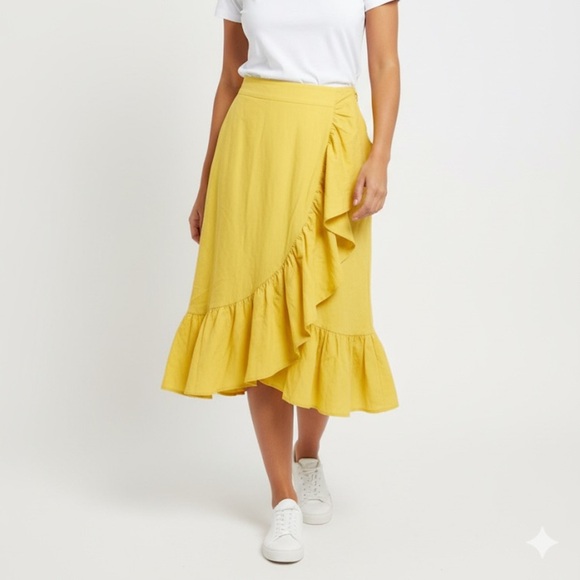 NWT La DoubleJ Bright Yellow Ruffle Faux Wrap Jazzy Skirt Midi Sz M - Picture 11 of 11